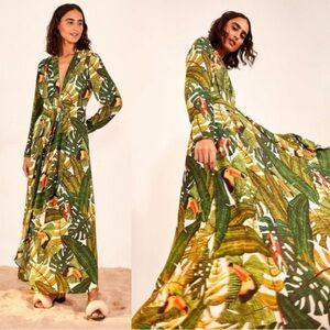 FARM RIO Green Tropical Leaf Palm Toucan Long Sleeve Forest Paradise midi Dress